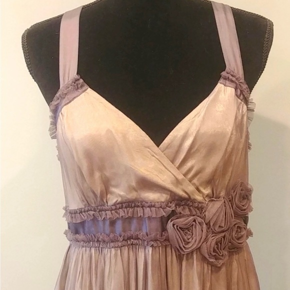 Anthropologie Elegant Brown Satin Dress with Floral Detail Size 8 - Picture 2 of 9